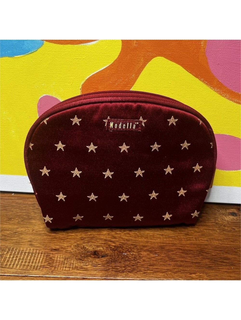 Modella Red Gold Star Print Fabric Makeup Bag Zipper Pouch 10.5x5in